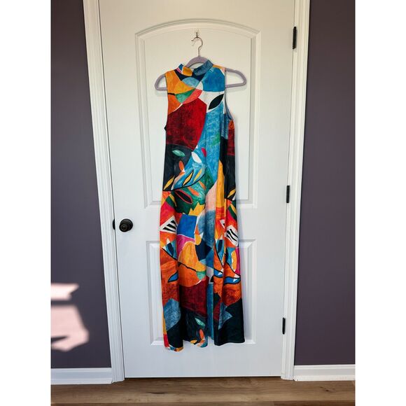 Nicole Miller Watercolor Abstract Satin High Neck Maxi Dress Size Small - Picture 1 of 8